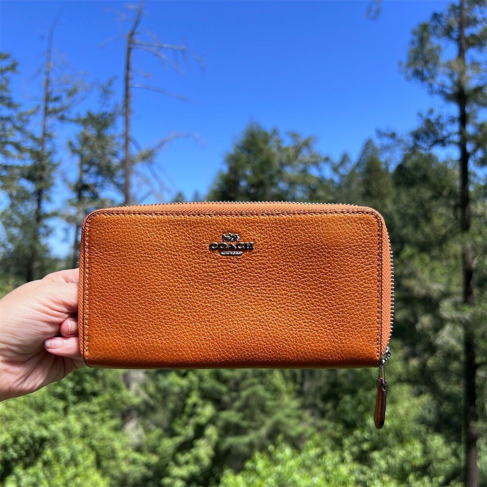 COACH Long Zip-Around Wallet Orange Pebble Leather Silver Hardware AUTHENTIC